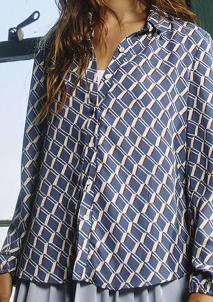 Business as Usual French Blue Retro Design Blouse