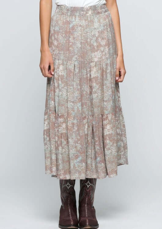Tiered A-Line Sage & Mocha Maxi Skirt