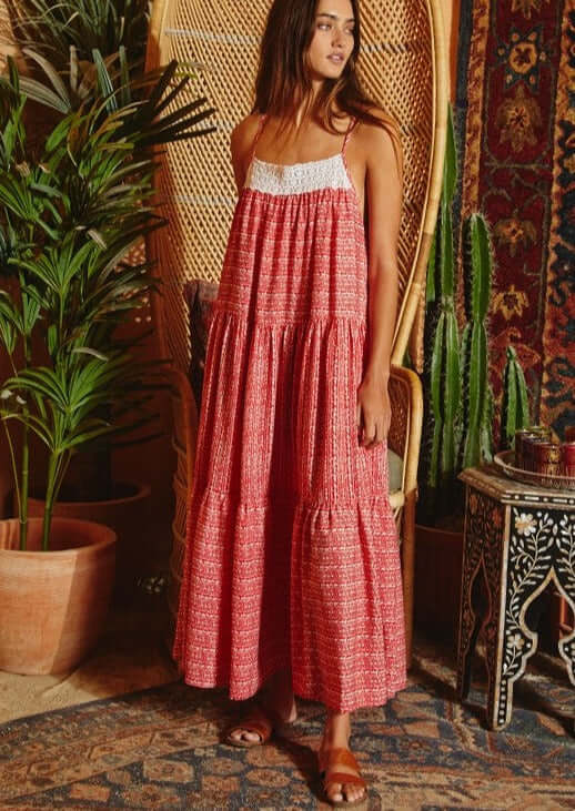 Lace Contrast Tiered Maxi Dress