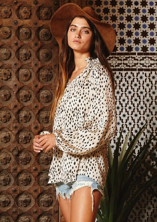 Dressy Animal Print Smocked Collar Top