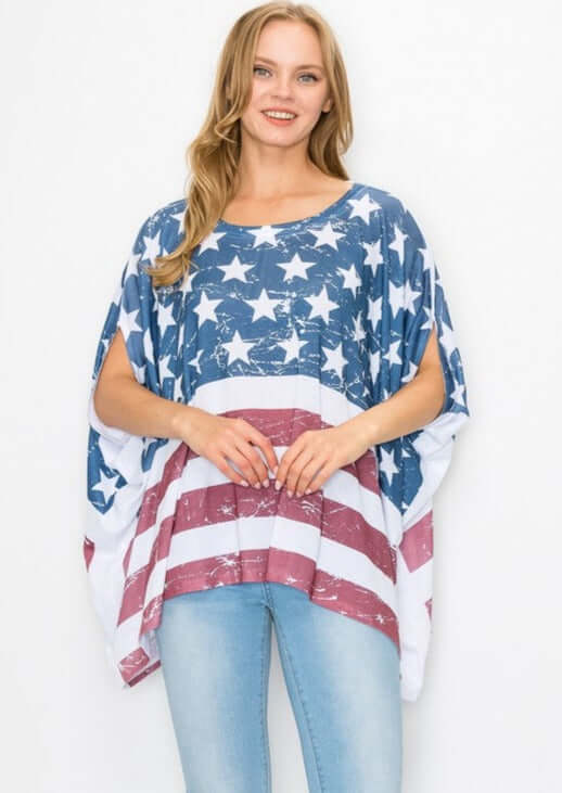 American Flag Print Oversized Poncho Made in USA