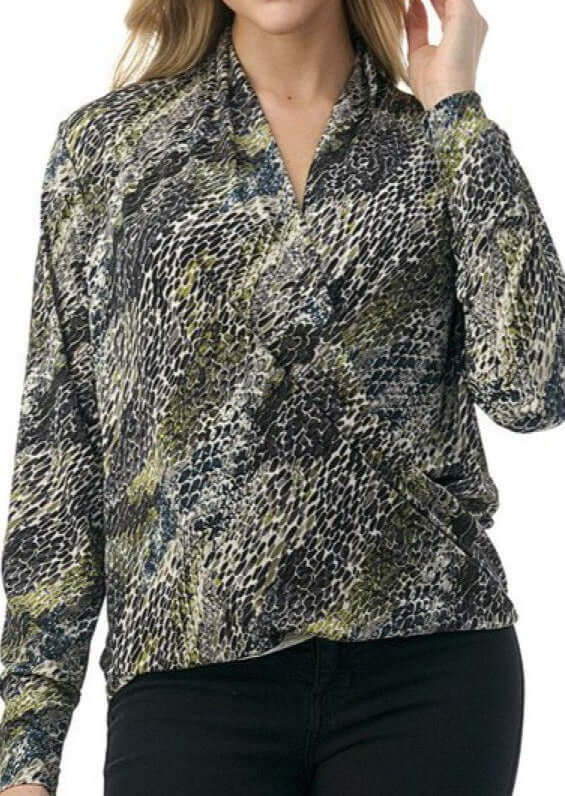 Olive Snake Print Fashion Surplice Top