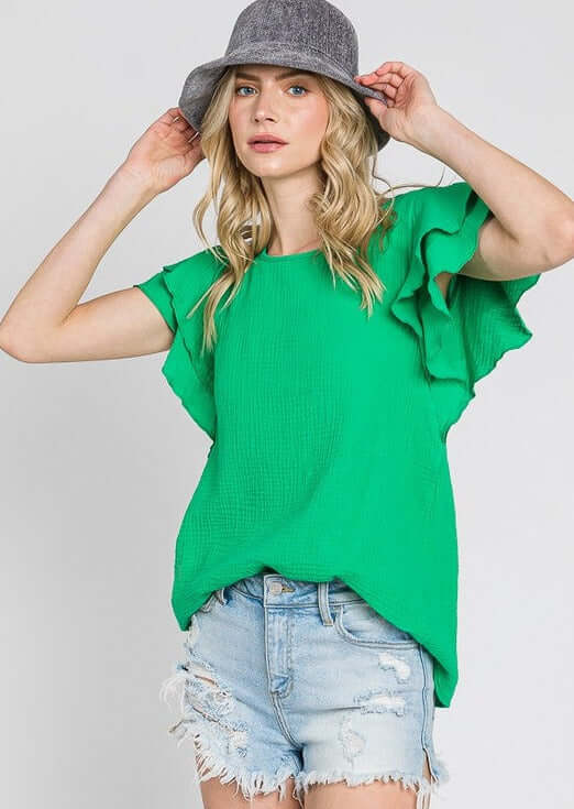 Dolled Up Double Ruffled Sleeve Top Made in USA
