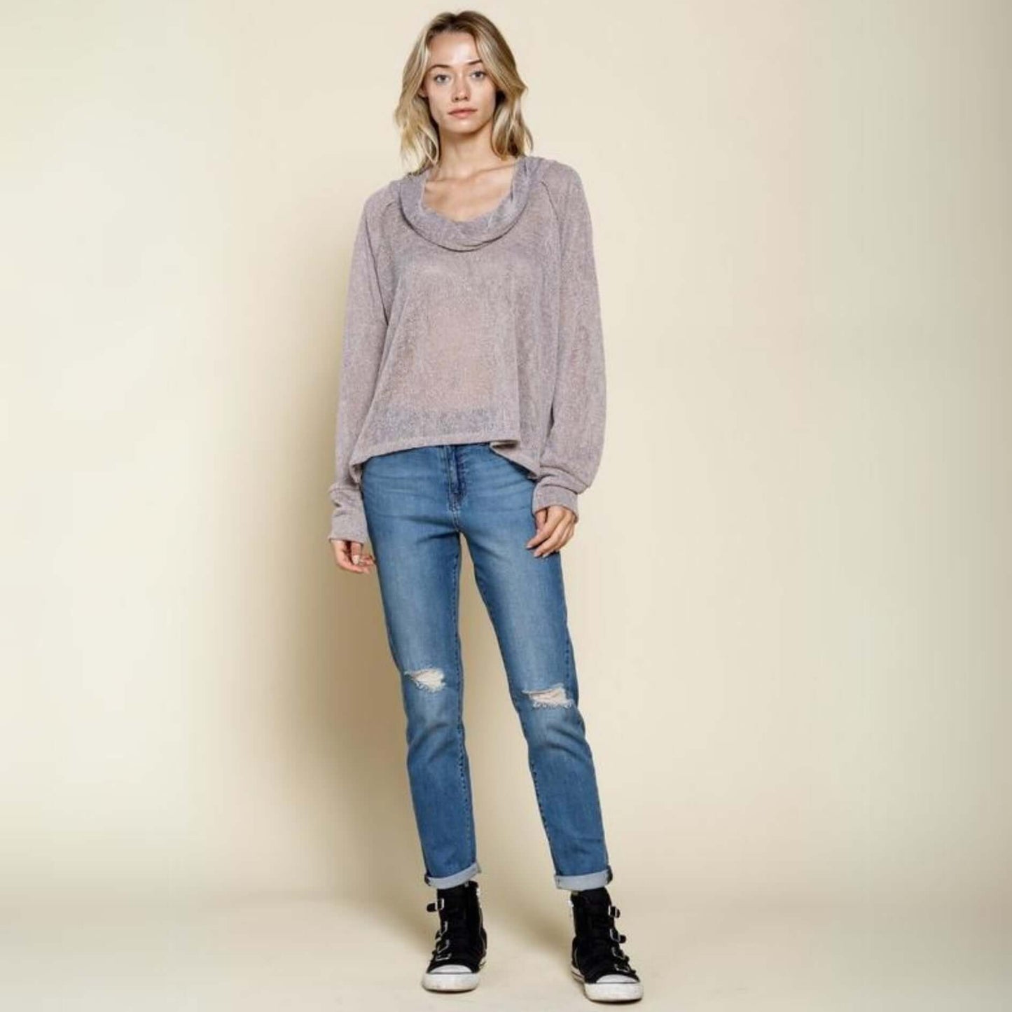 Lightweight Low Gauge Cowl Neck Knit Top