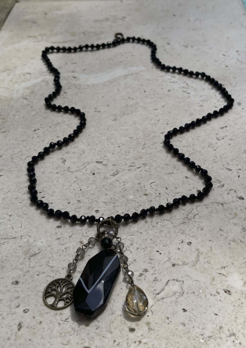 Sophisticated Black Onyx Natural Gemstone Beaded Charm Necklace