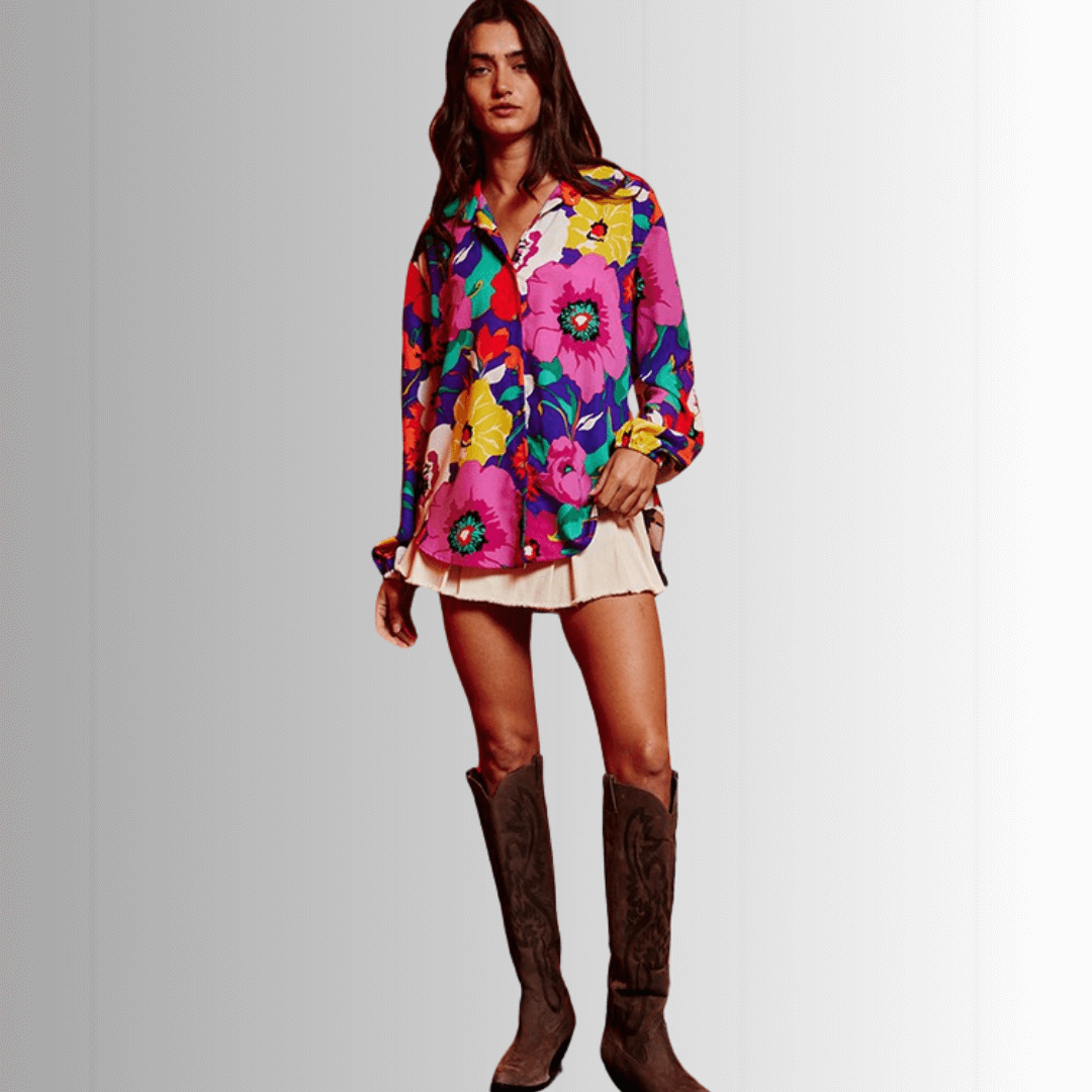 Colorful Floral Button Down Blouse Made in USA Light Mauve