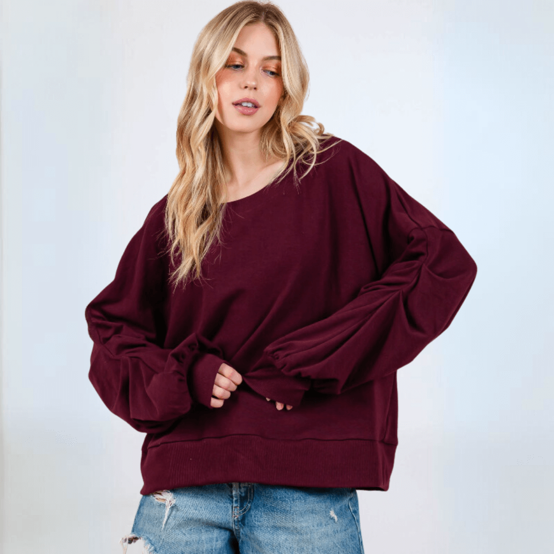 Cabernet Red Sweatshirt with Sleeve Gathering Made in USA