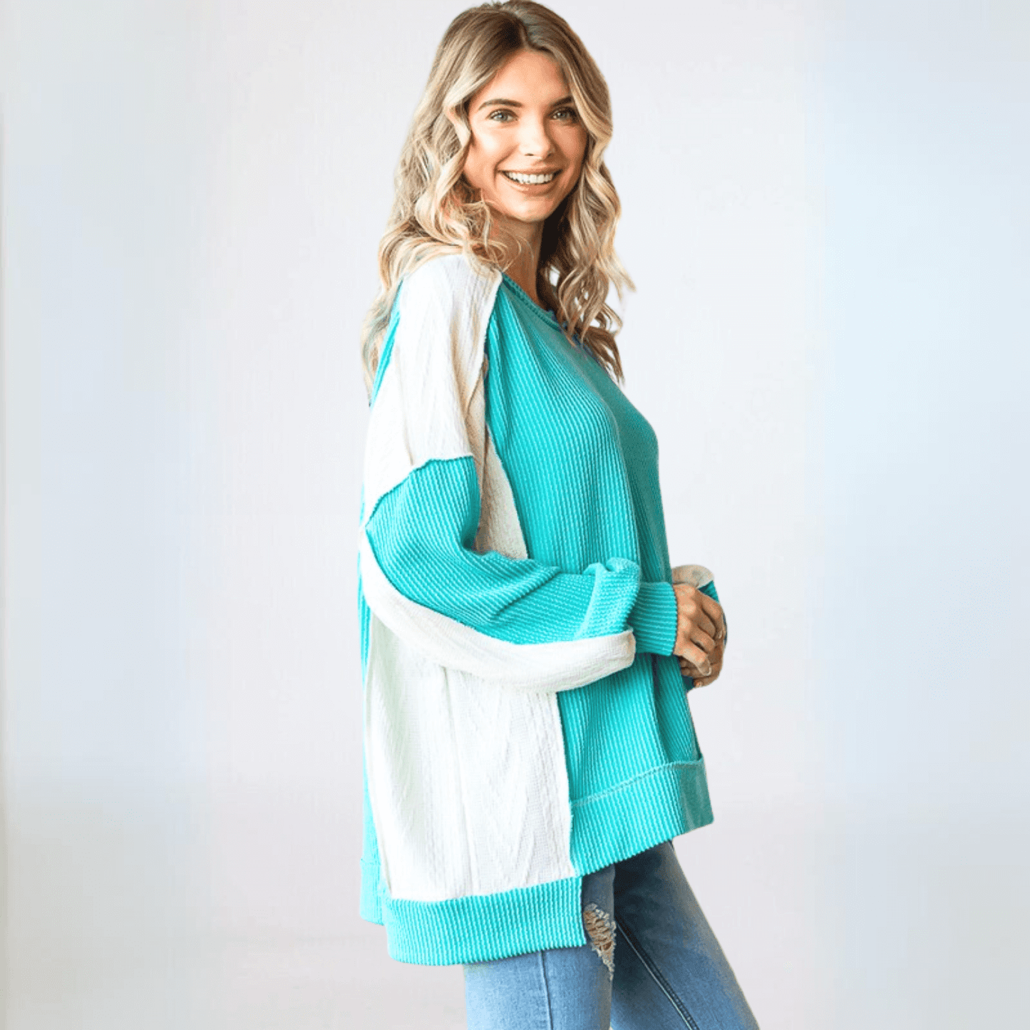 Mixed Media Oversized Color Block Pullover