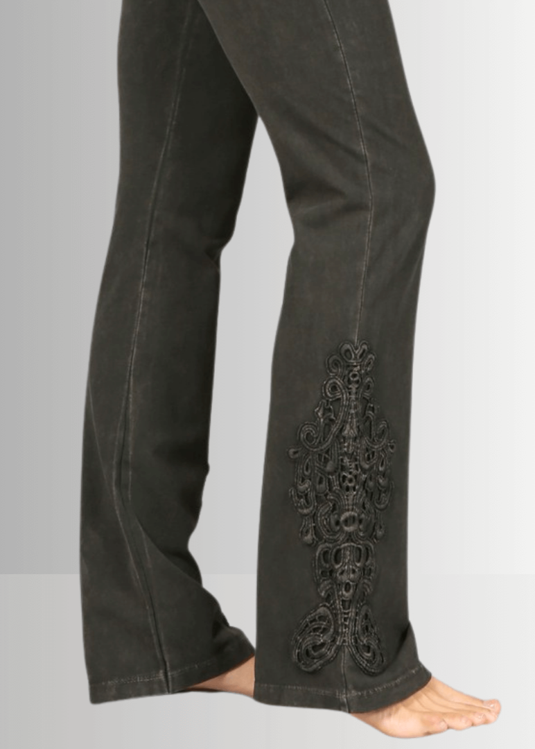 Mineral Washed Bootcut Jeggings Crochet Detail in Dark Moss Green
