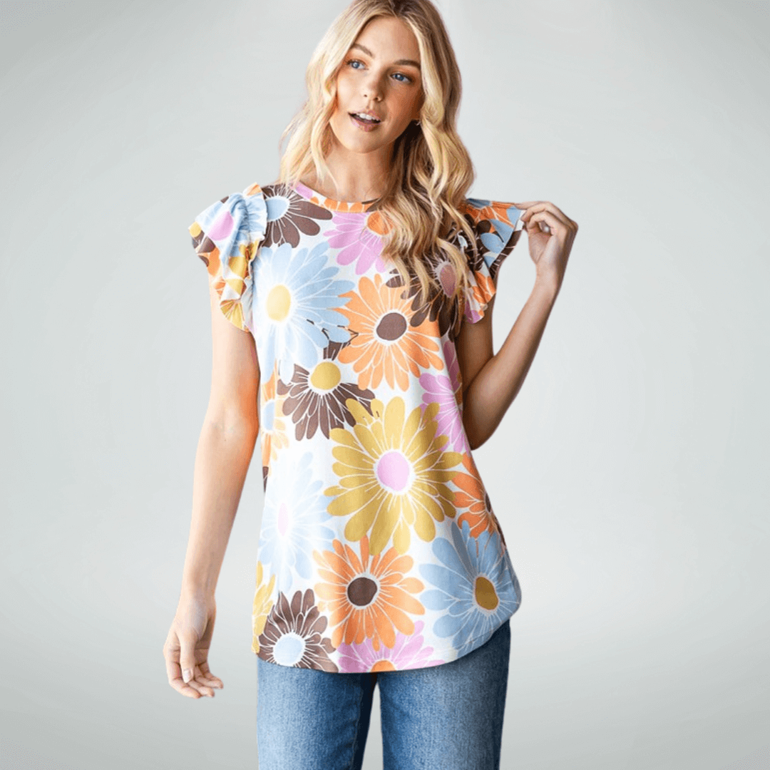 Flutter Sleeve Big Daisies Colorful Top Made in USA