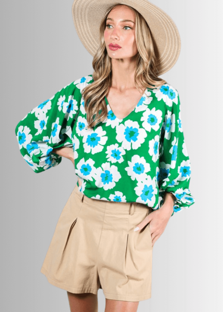 Paulina Puff Sleeve Green Floral Top