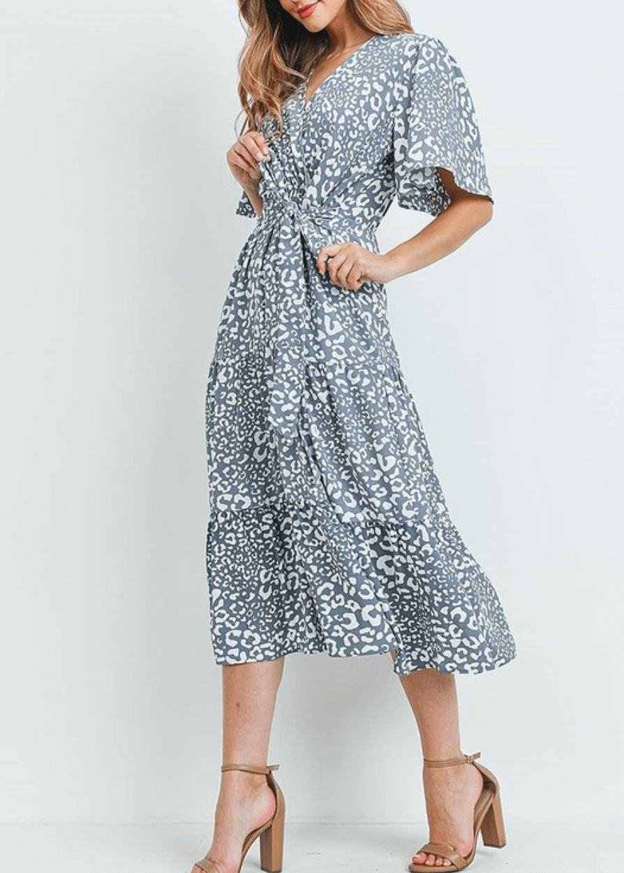 Laurel Leopard Print Midi Dress in Gray