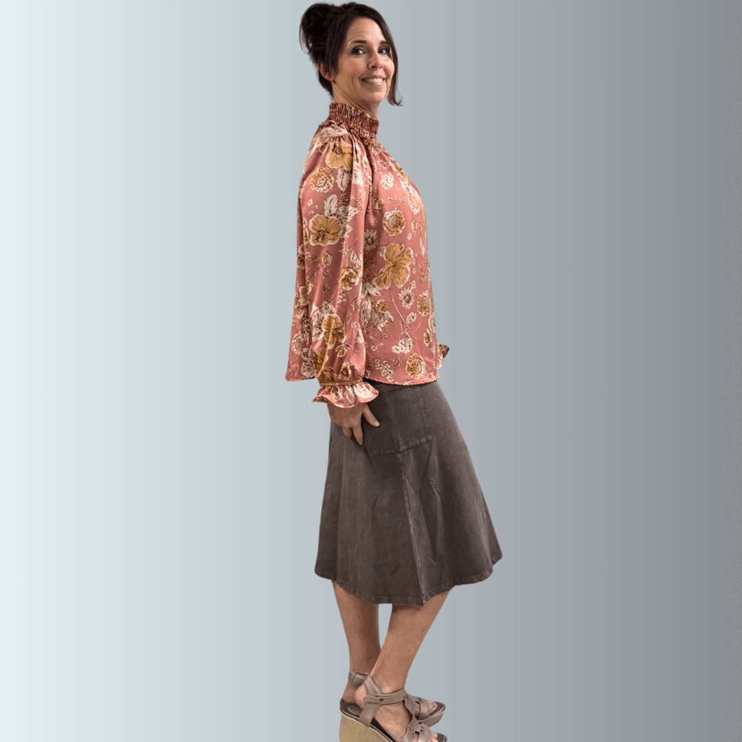 Mauve Floral Smocked Mock Neck Top Made in USA