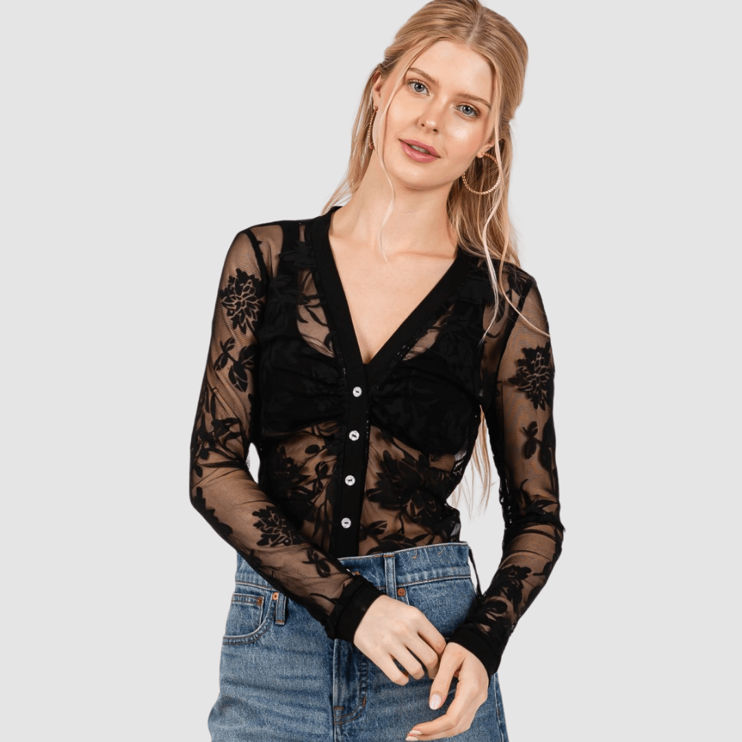 Floral Lace Sheer Bodysuit in Black Made in USA