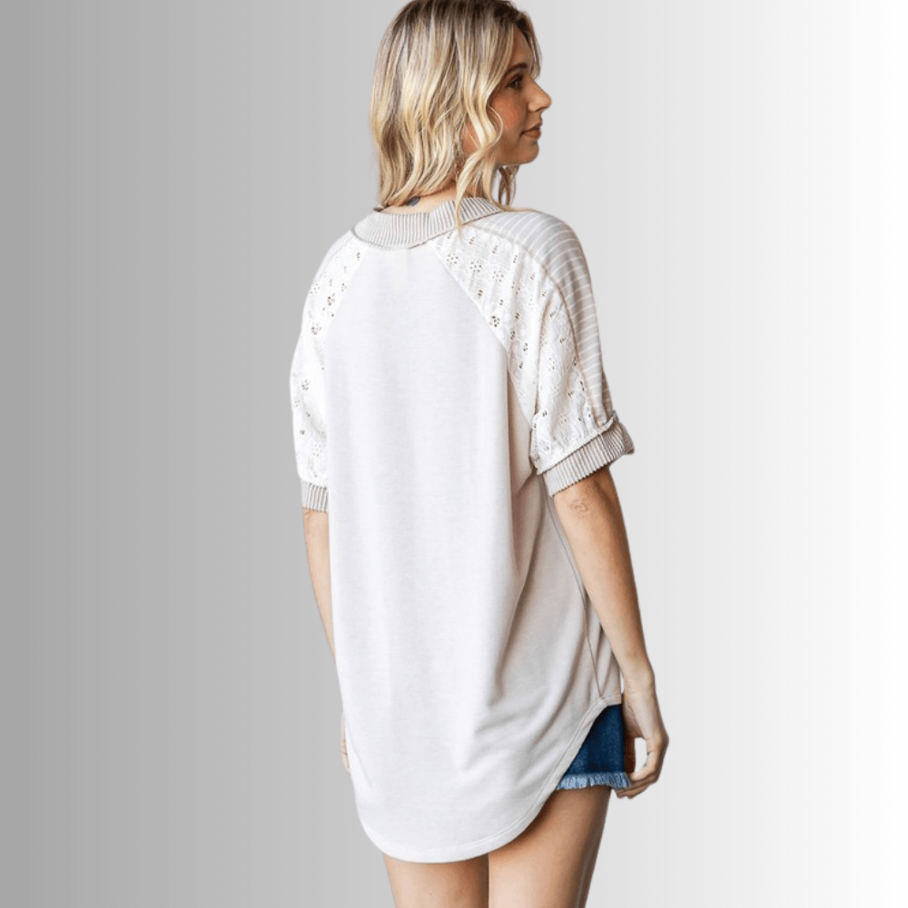 Jenna Mixed Fabric V-Neck Top