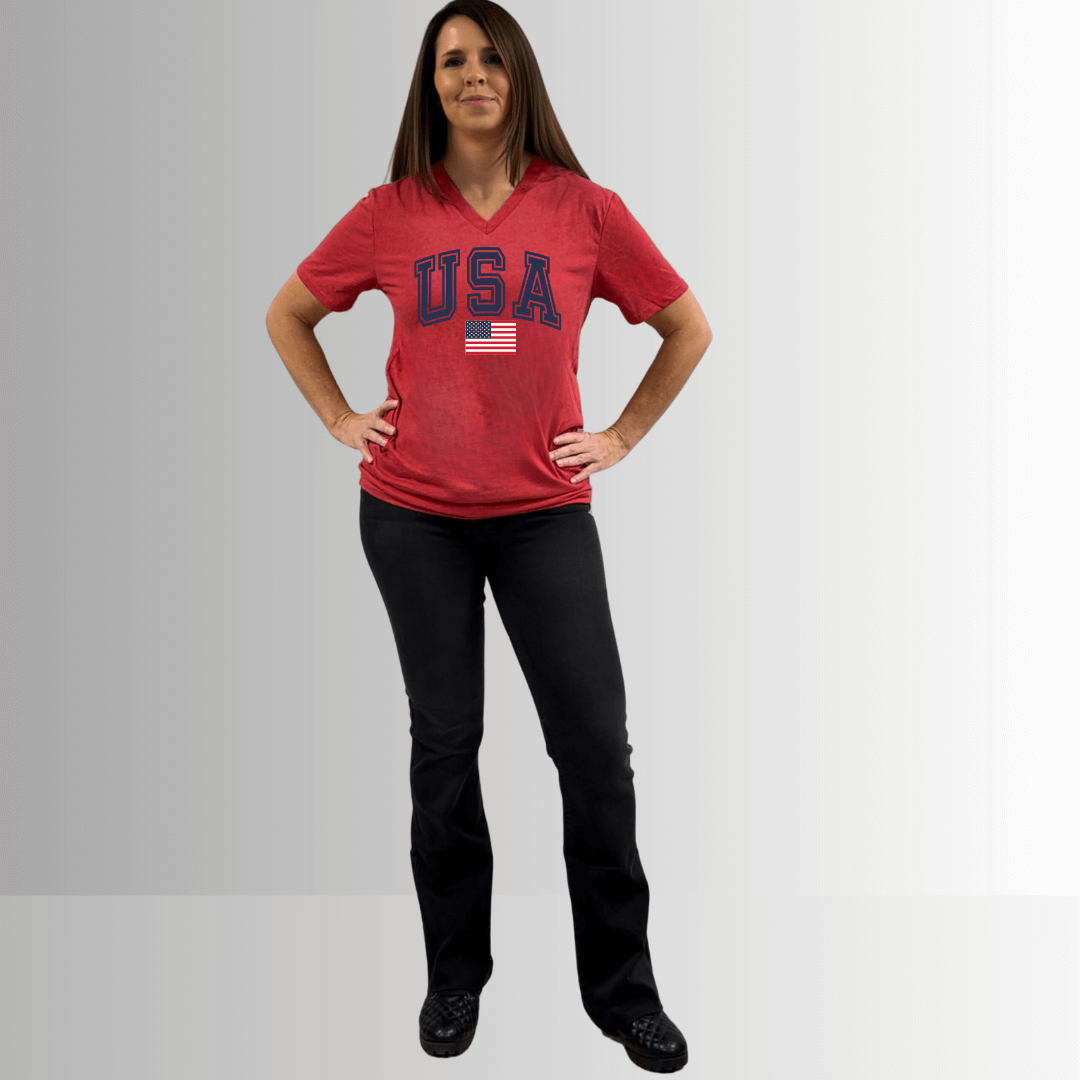 USA Graphic Red Cotton V-Neck Tee