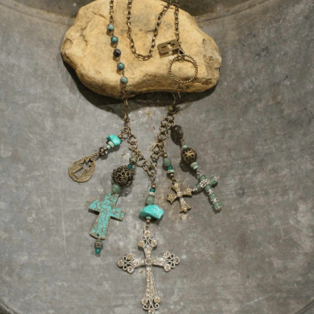 Vintage Cross Jade and Patina Charm Statement Necklace