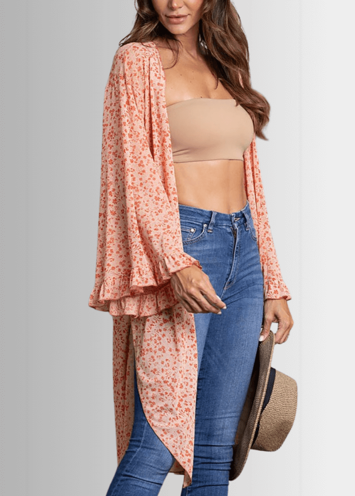 Coral Floral Bell Sleeve Kimono