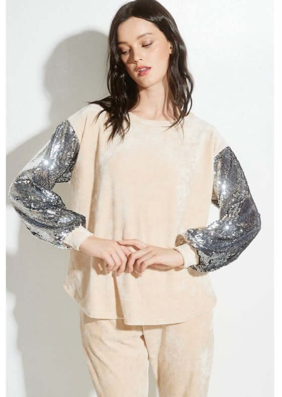 Champagne Glam Velvet Track Suit with Sequins Sleeves