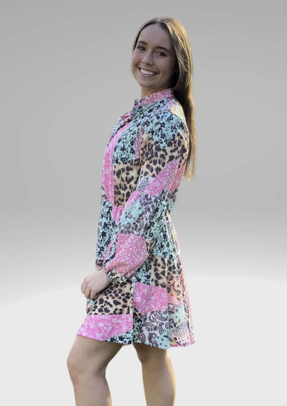 Colorful Mixed Media Print Tunic Dress Made in USA