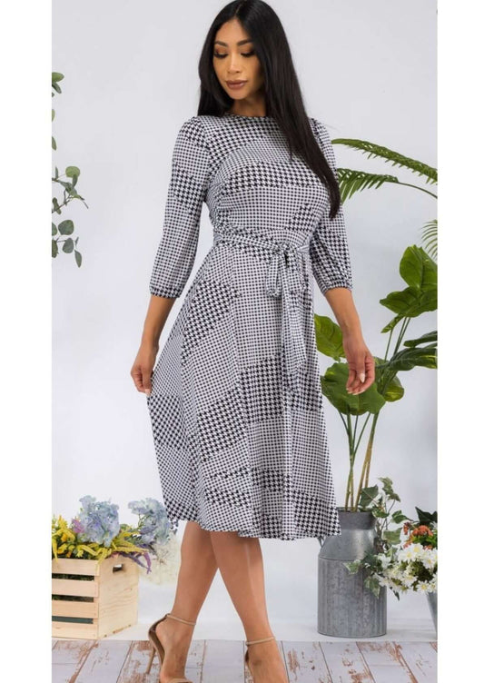 Houndstooth Print Midi Dress Made in USA