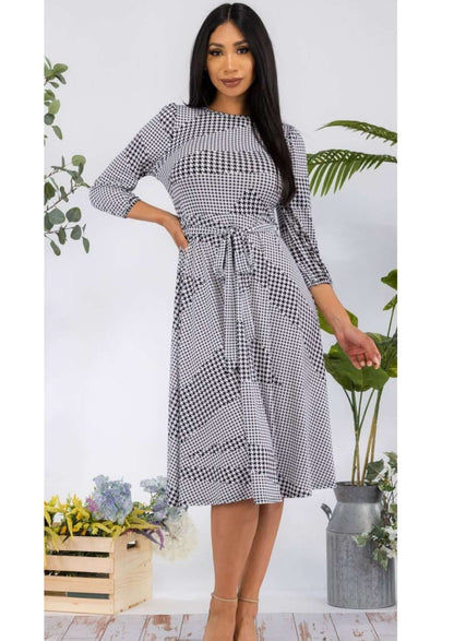 Houndstooth Print Midi Dress Made in USA