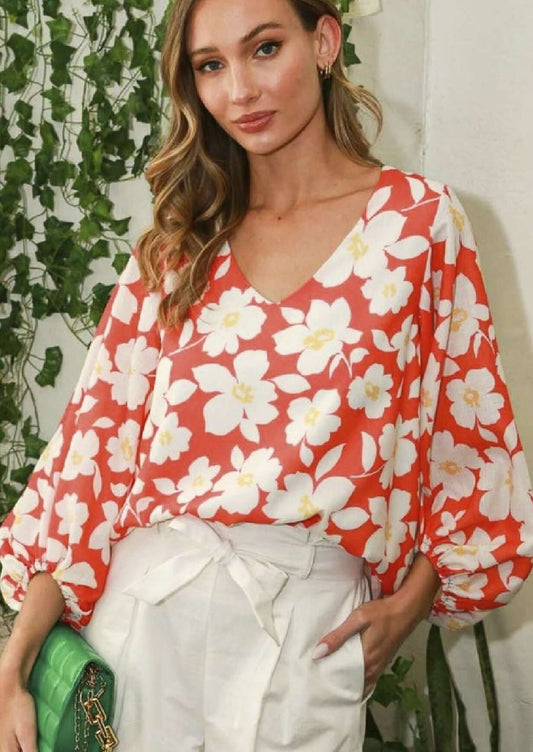 Classy V-Neck Bubble Sleeve Floral Top Made in USA