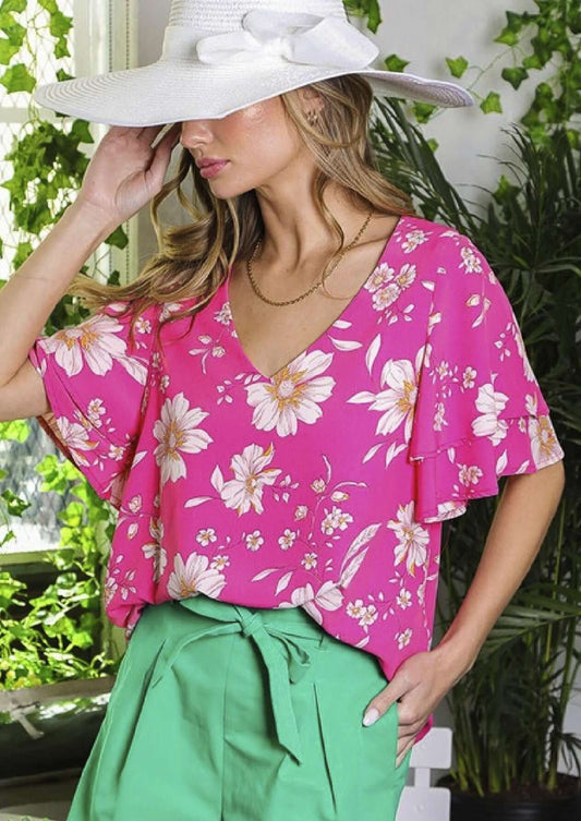 Flattering Fuchsia Tulip Sleeve Top Made in USA