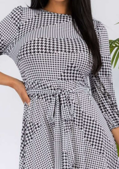 Houndstooth Print Midi Dress Made in USA