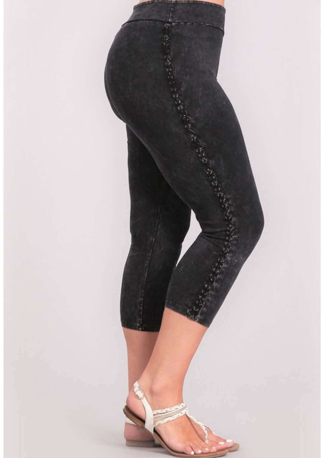 Crochet Striped Mineral Washed Capri Leggings Made in USA - Plus Size