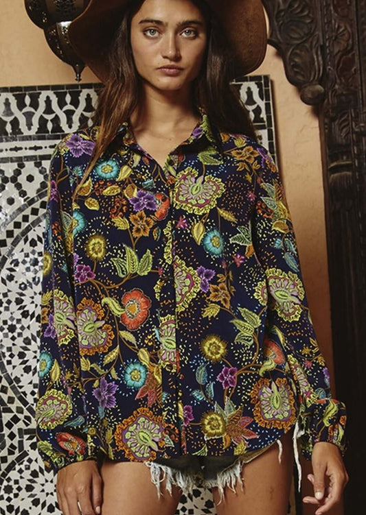Business as Usual Colorful Ethnic Floral Print Button Down Blouse Made in USA