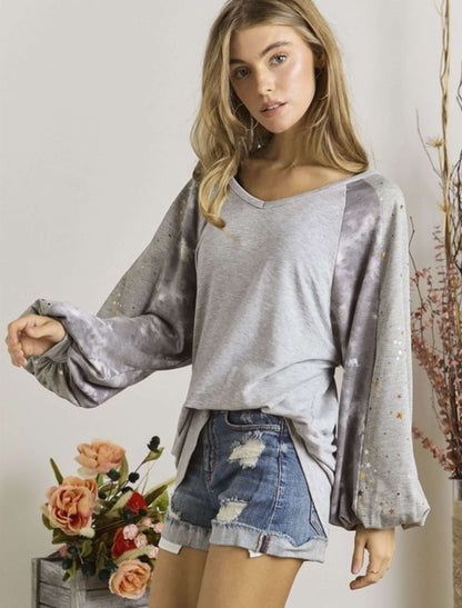 Puff Sleeve Embellished Long Sleeve Top with Star Detail