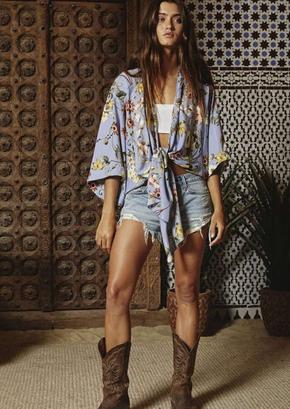 Blue Floral Bohemian Inspired Tie Front Kimono Made in USA
