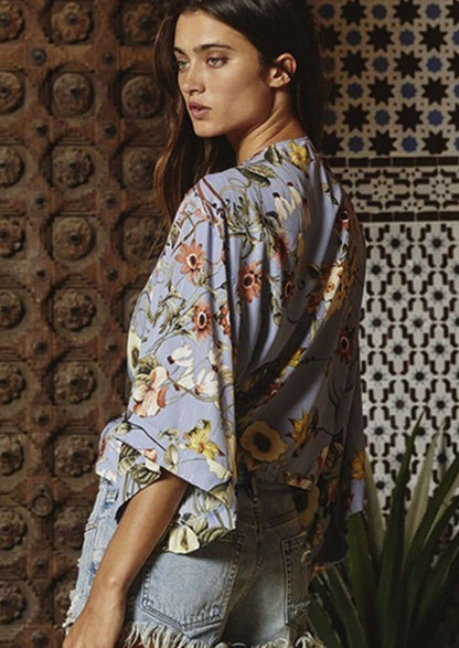 Blue Floral Bohemian Inspired Tie Front Kimono Made in USA