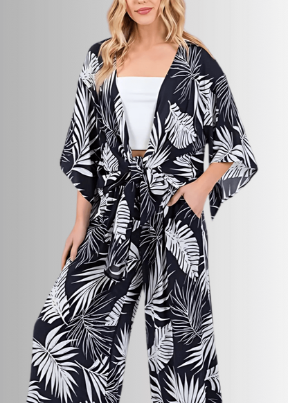 Navy Tropical Palm Kimono Top