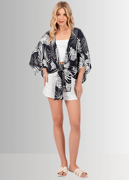 Navy Tropical Palm Kimono Top