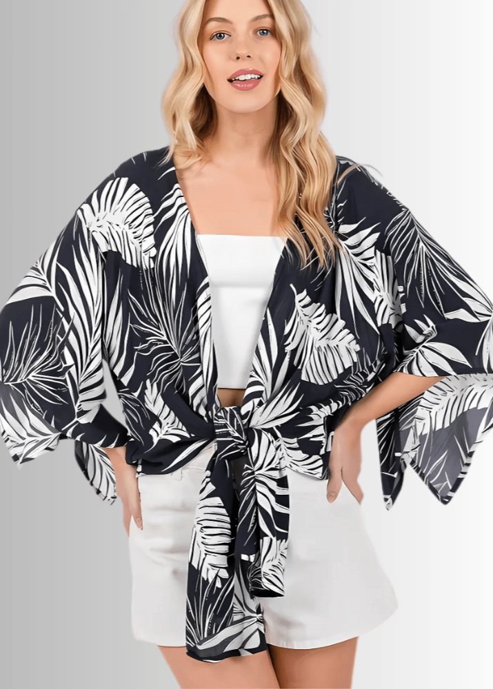 Navy Tropical Palm Kimono Top