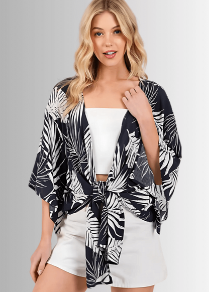 Navy Tropical Palm Kimono Top