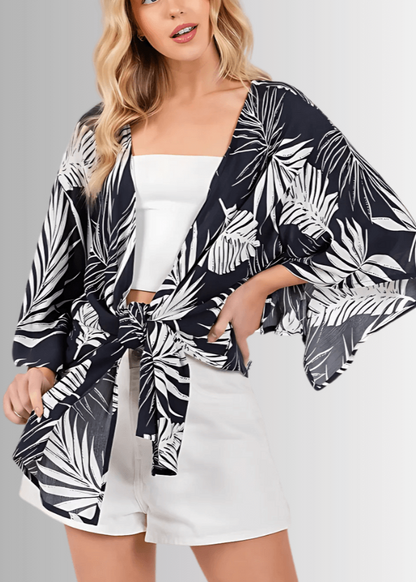 Navy Tropical Palm Kimono Top