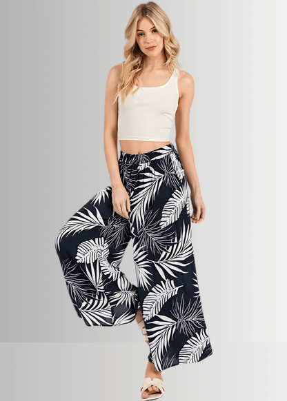 Navy Tropical Palm Wide Leg Pants