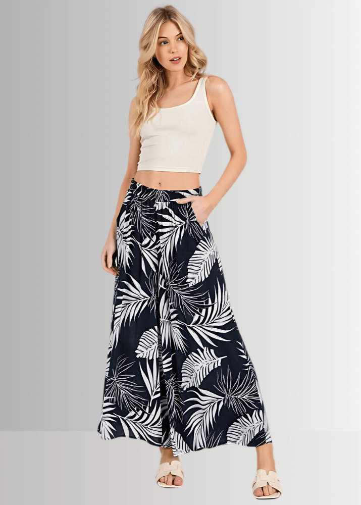 Navy Tropical Palm Wide Leg Pants