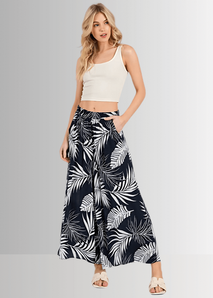 Navy Tropical Palm Wide Leg Pants