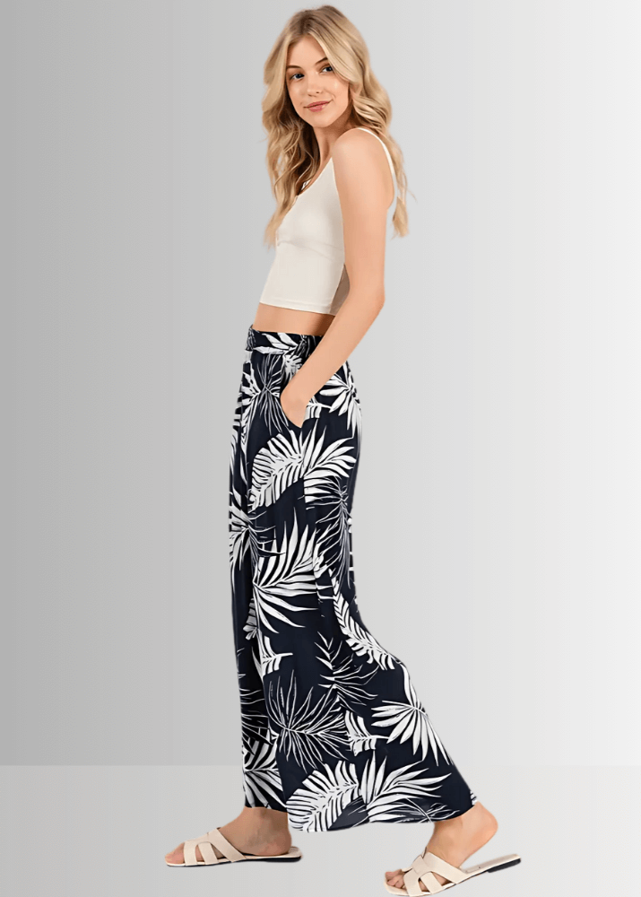 Navy Tropical Palm Wide Leg Pants