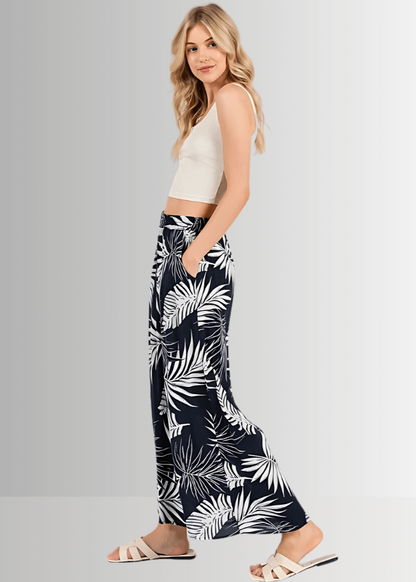 Navy Tropical Palm Wide Leg Pants