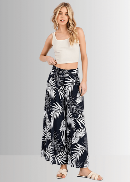 Navy Tropical Palm Wide Leg Pants