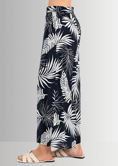 Navy Tropical Palm Wide Leg Pants