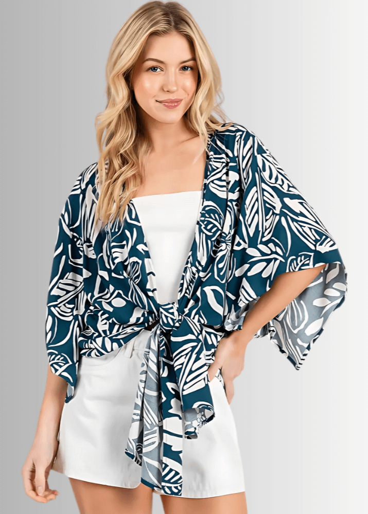 Tropical Teal Tie Front Kimono Cardigan