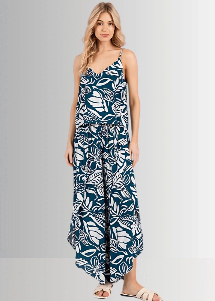 Tropical Teal Split Front Flowy Pants