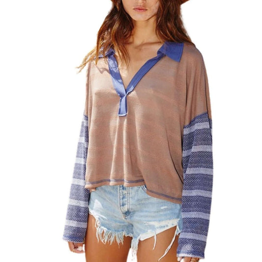 Cool Contrast Spread Collar V-neck Semi-Cropped Top