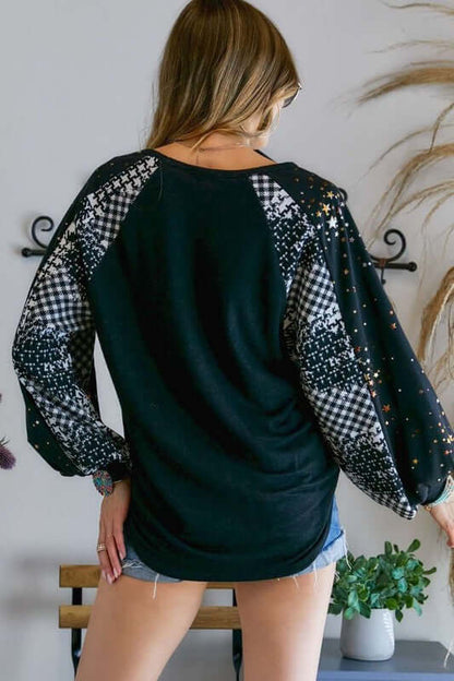 Puff Sleeve Embellished Long Sleeve Top with Star Detail